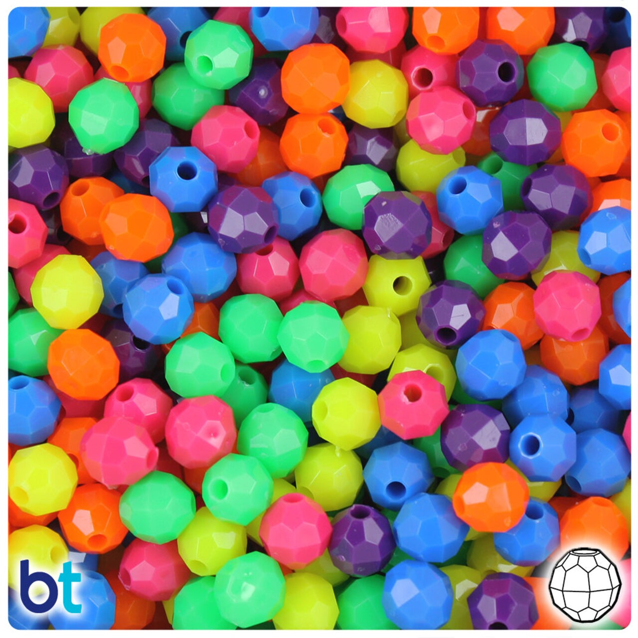 BeadTin Neon Bright Mix 8mm Faceted Round Plastic Craft Beads (450pcs)